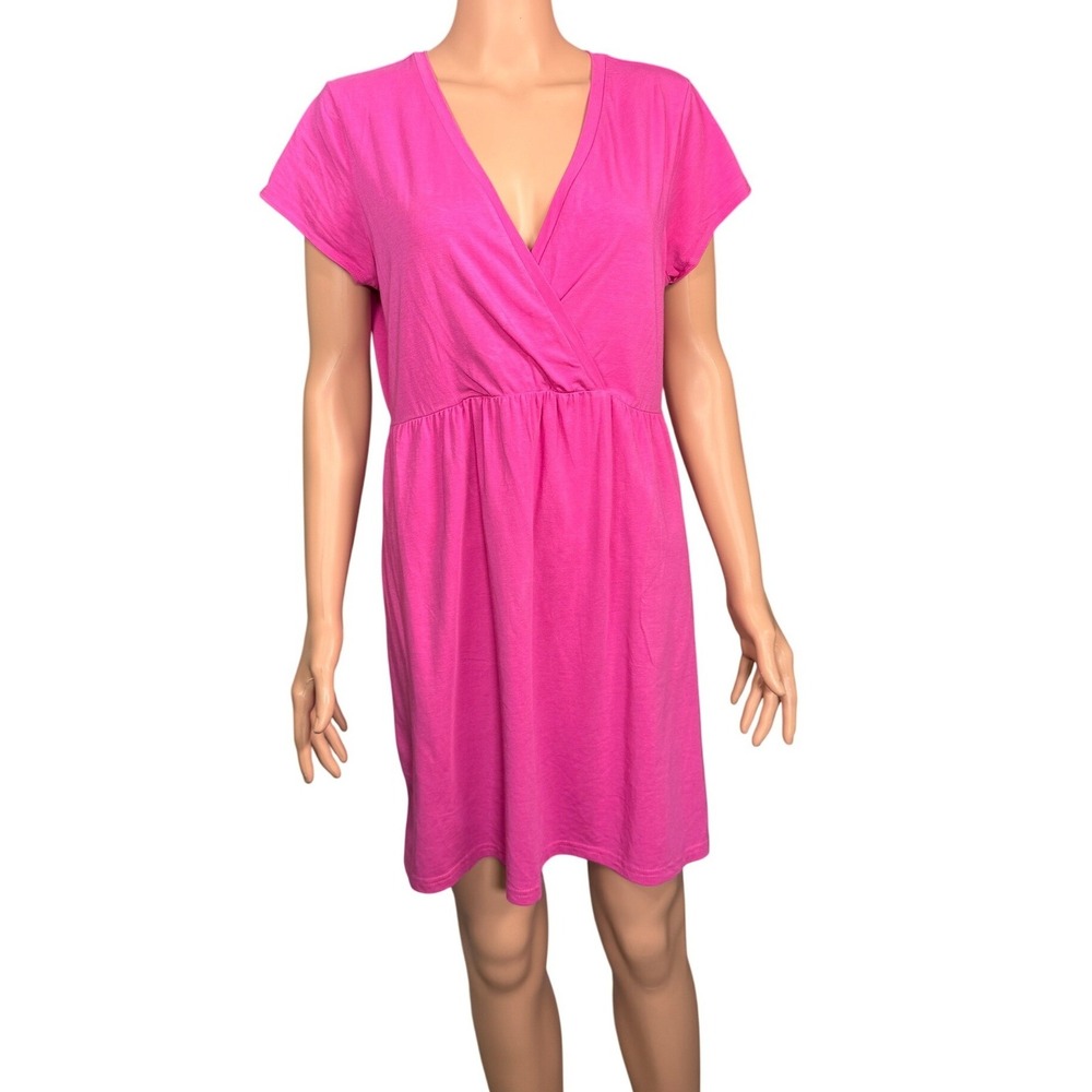 Garnet Hill Pink Cotton Blend Surplice V-Neck Knit Dress Large 30867